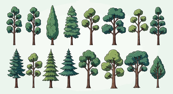 A collection of diverse cartoon-style trees, showcasing various shapes, sizes, and foliage types, presented against a plain background.