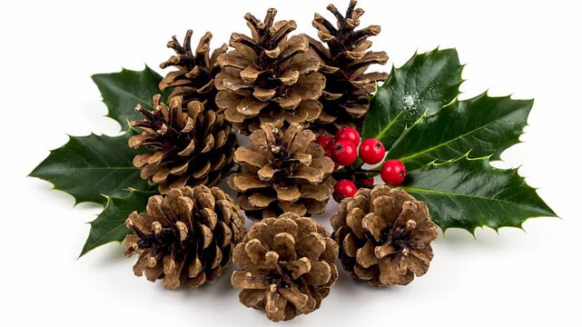 A cluster of pinecones, holly leaves with berries sit on a stark white surface