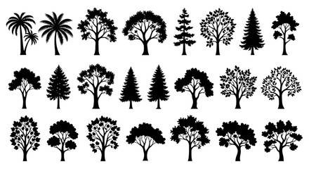 A collection of diverse tree silhouettes, showcasing various species and shapes, presented in a clean, graphic style. © emaro