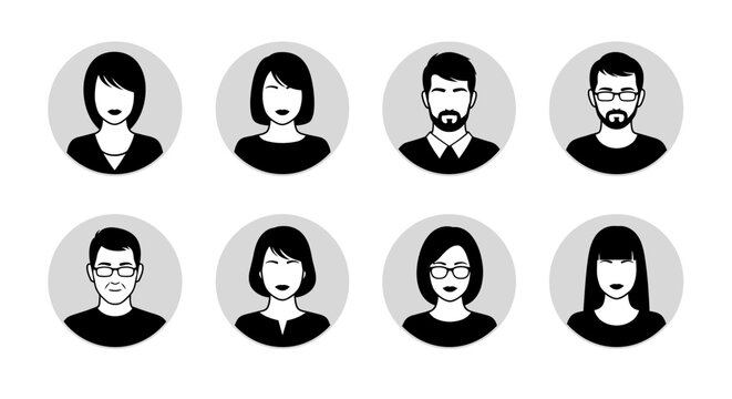 A collection of eight black and white circular profile icons representing diverse individuals with varying hairstyles and facial features.
