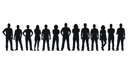 A diverse group of silhouetted individuals standing in a line against a white background.