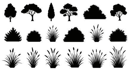 Fototapeta premium A collection of black silhouettes of various trees, bushes, and tall grasses, presented in three rows against a white background.