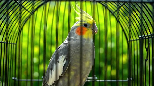 A colorful parrot inside a black cage against a blurry green background of foliage