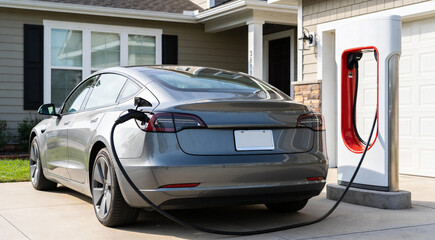 Electric battery car charge at EV station. concept of EV car and home charging station. Electric car charging. Electric car with a connected charging cable. Charging point