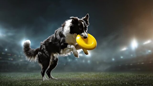 Canine Agility: A dynamic dog, poised mid-air, masterfully catches a flying disc during a thrilling display of agility and athleticism under the stadium lights.