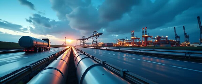 Industrial tanker truck glides along highway at sunset, camera slowly pans across expansive landscape, cranes and pipelines subtly animated in cinematic style, ensuring ample copy space.