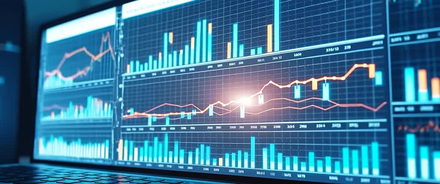 Dynamic financial charts animate on a digital screen as the camera smoothly pans, capturing the vibrant glow and evolving data trends in a high-tech, cinematic style.