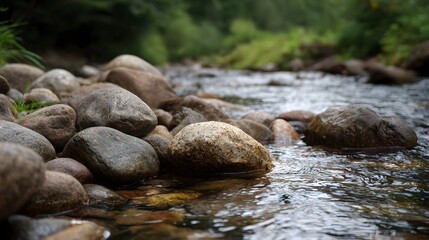 Obraz premium Close up of smooth wet river stones partially submerged in clear flowing water
