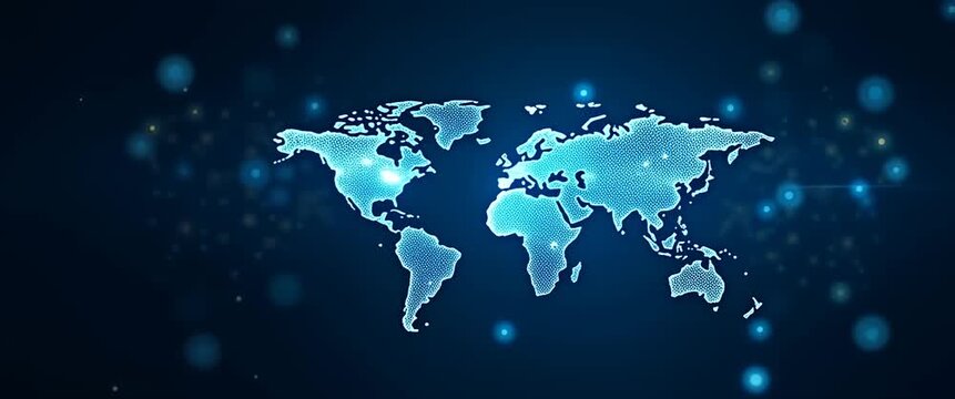 Digital world map with glowing network connections in a futuristic, cinematic style as particles gently swirl, camera slowly pans to reveal cybersecurity icons and data flow.
