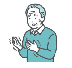 手の痺れ・震えに戸惑う高齢男性のイラスト（パーキンソン病・脳梗塞・糖尿病）