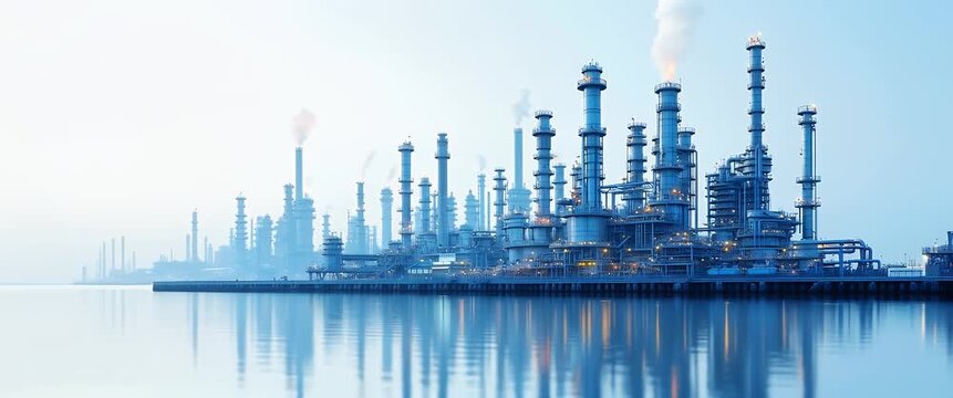 Vast industrial refinery towers emit gentle smoke plumes, as the camera pans slowly across a serene waterfront, capturing the cinematic essence of a bustling energy hub.