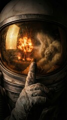Obraz premium Astronaut keeping a finger on lips implying the need for silence, with a devastating explosion and smoke plume reflecting in the visor, conveying secrets and global impact