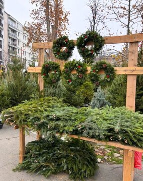 Evergreen wreath-laden wooden stall whispers of Yule festivities and winter solstice fables in a bustling urban grove