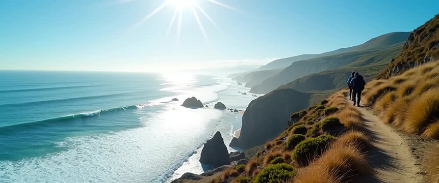 Hikers traverse a sunlit coastal trail with sweeping ocean views; camera gently pans to reveal rugged cliffs and shimmering waves in a cinematic, tranquil landscape.