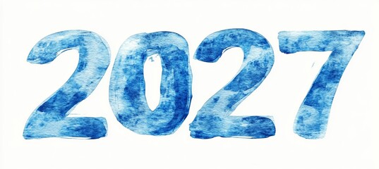 Watercolor Blue Numbers 2027 on White Background for New Year Celebrations and Festive Designs