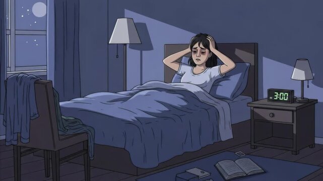 A woman struggles with profound insomnia, prolonged wakefulness, and nighttime restlessness, experiencing deep exhaustion, chronic fatigue, and severe sleep disturbance disorder