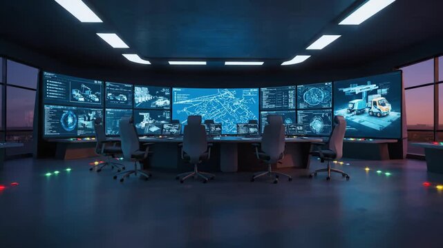 High-tech command center with curved screens showing real-time industrial data, maps, and vehicle schematics.