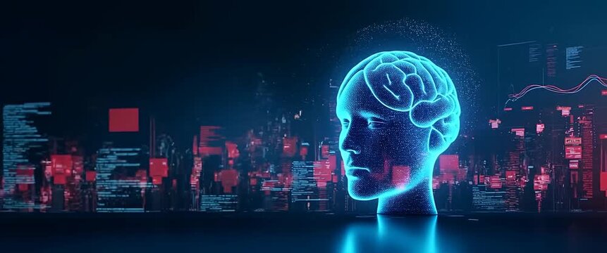 Futuristic digital brain rotates in a cinematic scene with a steady camera pan, as data streams animate dynamically in the background, highlighting artificial intelligence and innovation.