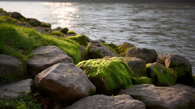 Moss covered rocks line a tranquil riverbank with shimmering sunlight reflecting on the water