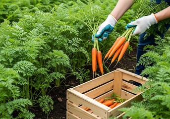 Naklejka premium Harvesting fresh organic carrots by hand from a fertile garden bed, showing the vibrant orange roots being gathered into a rustic wooden crate.