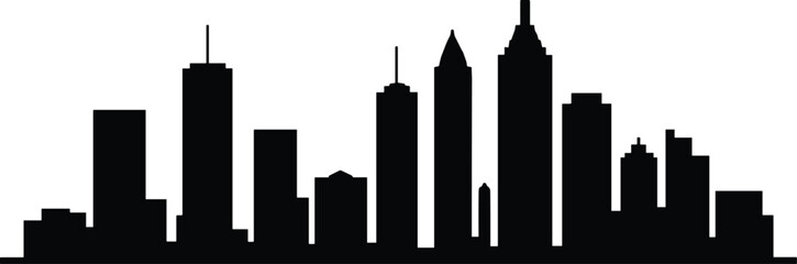 Black city skyline silhouette vector illustration with skyscrapers and diverse architecture, urban landscape graphic design for modern metropolitan creative background projects