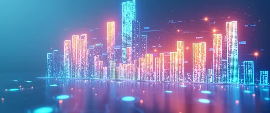 Futuristic digital cityscape pulses with vibrant data streams as the camera slowly pans, capturing glowing skyscrapers in a cinematic, tech-driven environment.