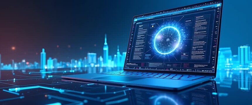 Futuristic laptop display with digital interface in a glowing cityscape, gentle ambient lights flicker, camera slowly pans, cinematic technology and innovation theme.