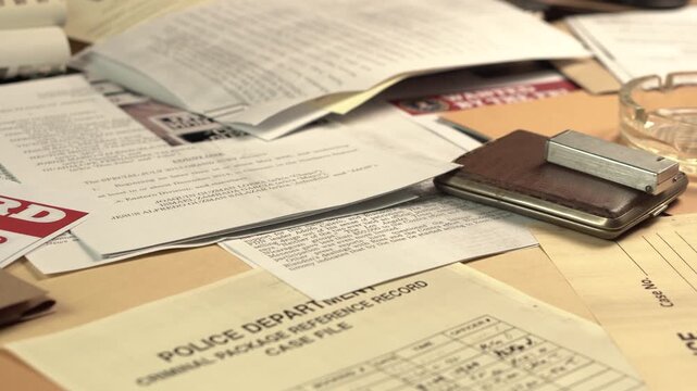Police Detective Desk Full of Documents From Criminal Investigation, Ashtray and Cigarette Case