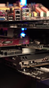 Vertical View, Heap of Computer Parts, Motherboards, Graphic Cards, Electronic Waste, Close Up
