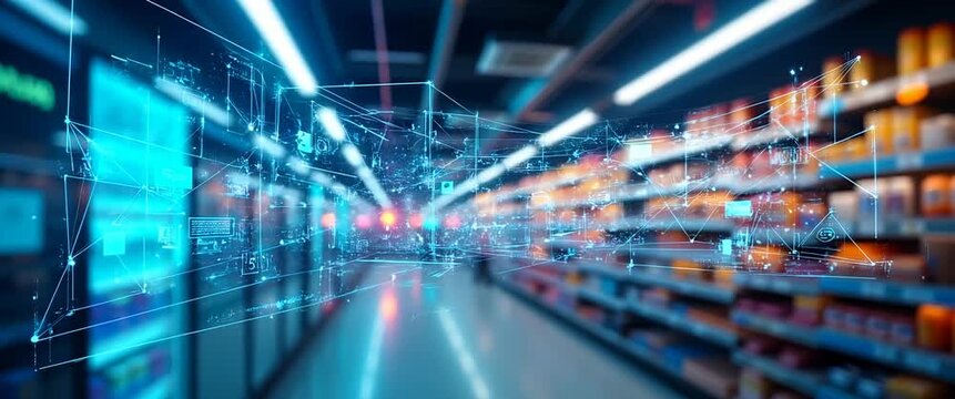 Cinematic view of a futuristic grocery store with a slow pan, as digital interfaces overlay shelves, creating a dynamic blend of technology and retail innovation.