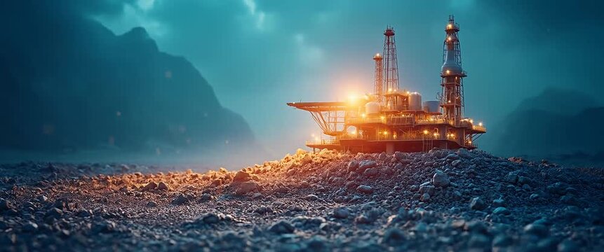Majestic oil rig glows warmly amidst rugged mountains as camera slowly pans, capturing atmospheric cinematic scene with gentle ambient motion of flickering lights and drifting mist.