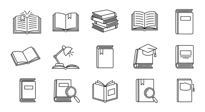 Collection of simple line art illustrations depicting various books and stacks