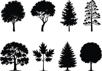 Black silhouette vector illustration set of diverse tree types with unique foliage patterns, perfect for nature, landscape, environment, and design projects