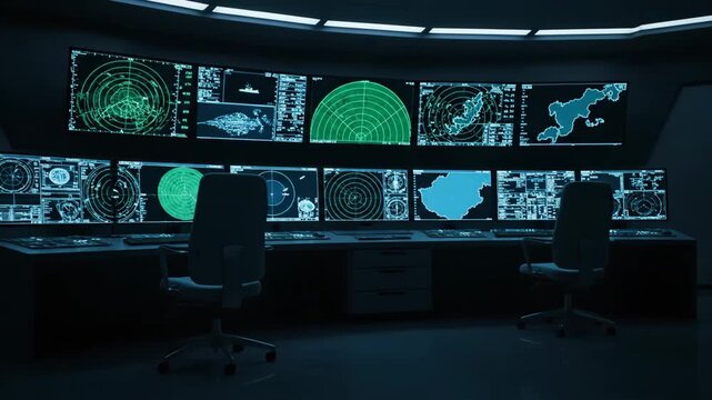 High-tech control room with glowing screens showing radar, sonar, and strategic map information for surveillance.