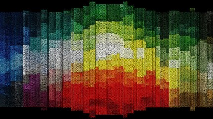 A mosaic of colorful, rectangular blocks arranged in a layered, panoramic view