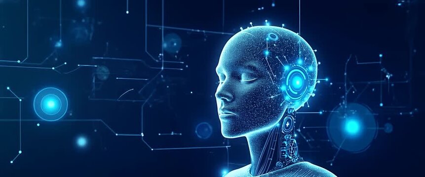 Futuristic AI robot head with digital brain pulses gently, surrounded by floating data streams, as the camera slowly pans across a high-tech, cinematic digital landscape.