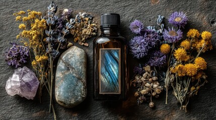 Still-life of a dark essential oil bottle, surrounded by flowers, crystals, and stones