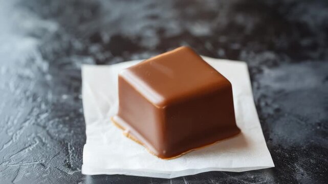 Square caramel-covered dessert on parchment paper with dark textured background