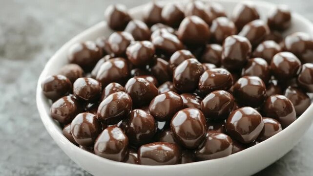 Shiny, chocolate-coated nuts in white ceramic bowl