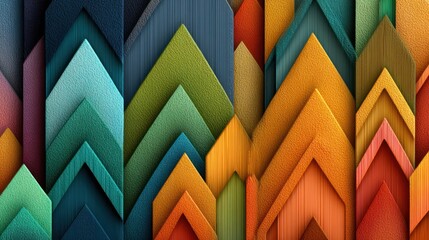 Colorful abstract pattern, stacked arrow-like shapes, diverse hues, textured surfaces, layered design