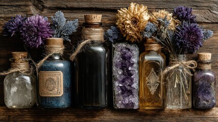 Assortment of glass bottles with corks, dried flowers, and crystals arranged on wooden surface