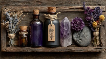 Rustic wooden shelf displays apothecary bottles, crystals, herbs, and stones in a serene arrangement