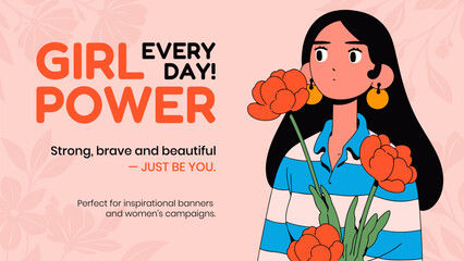 Vector illustration of woman with flowers. Happy Women's Day greeting card.