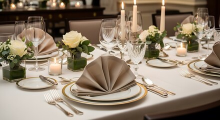 Fototapeta premium A beautifully set table with elegant dinnerware, fine china, and soft candlelight in a luxurious dining room