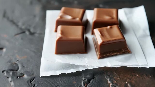 Four caramel-filled chocolate squares on parchment paper