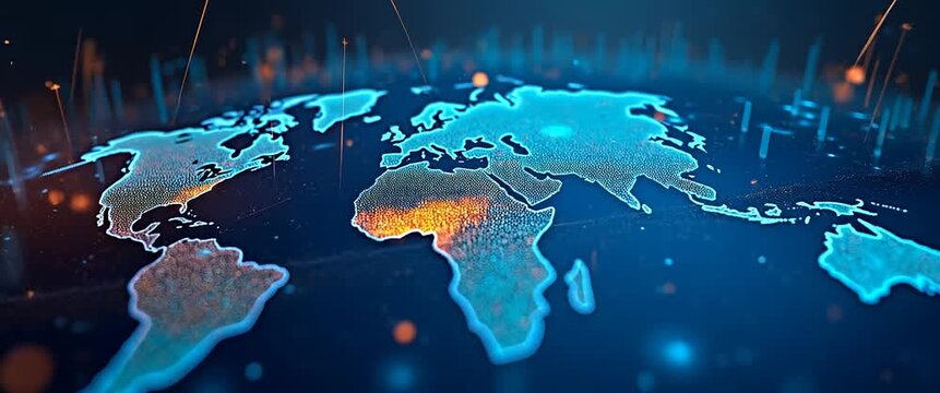 Futuristic digital world map with glowing data points pulses gently, as the camera slowly pans across, highlighting global connectivity and technology in a cinematic style.