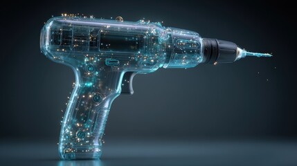 Obraz premium This futuristic power drill features a transparent blue body filled with glowing golden sparkles and internal light effects, presented against a dark minimalist background.