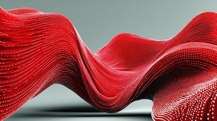 Abstract, wavy red form against a gray background. Textured with tiny white dots