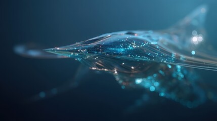 A futuristic abstract visualization of a sleek craft made from glowing blue lines and light particles, set against a dark blue background with a shallow depth of field effect.
