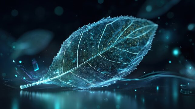 A glowing digital leaf with intricate cyan veins floats in a dark space filled with bokeh lights and particles, representing a fusion of nature and advanced technology.